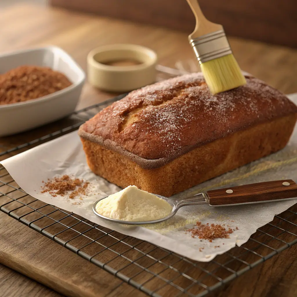 Cinnamon Donut Bread Recipe:
A fresh loaf of cinnamon donut bread being brushed with melted butter and sprinkled with cinnamon sugar.