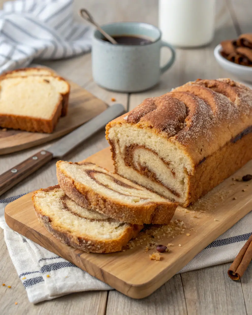 Sliced Amish cinnamon bread with a cinnamon swirl on a wooden board.