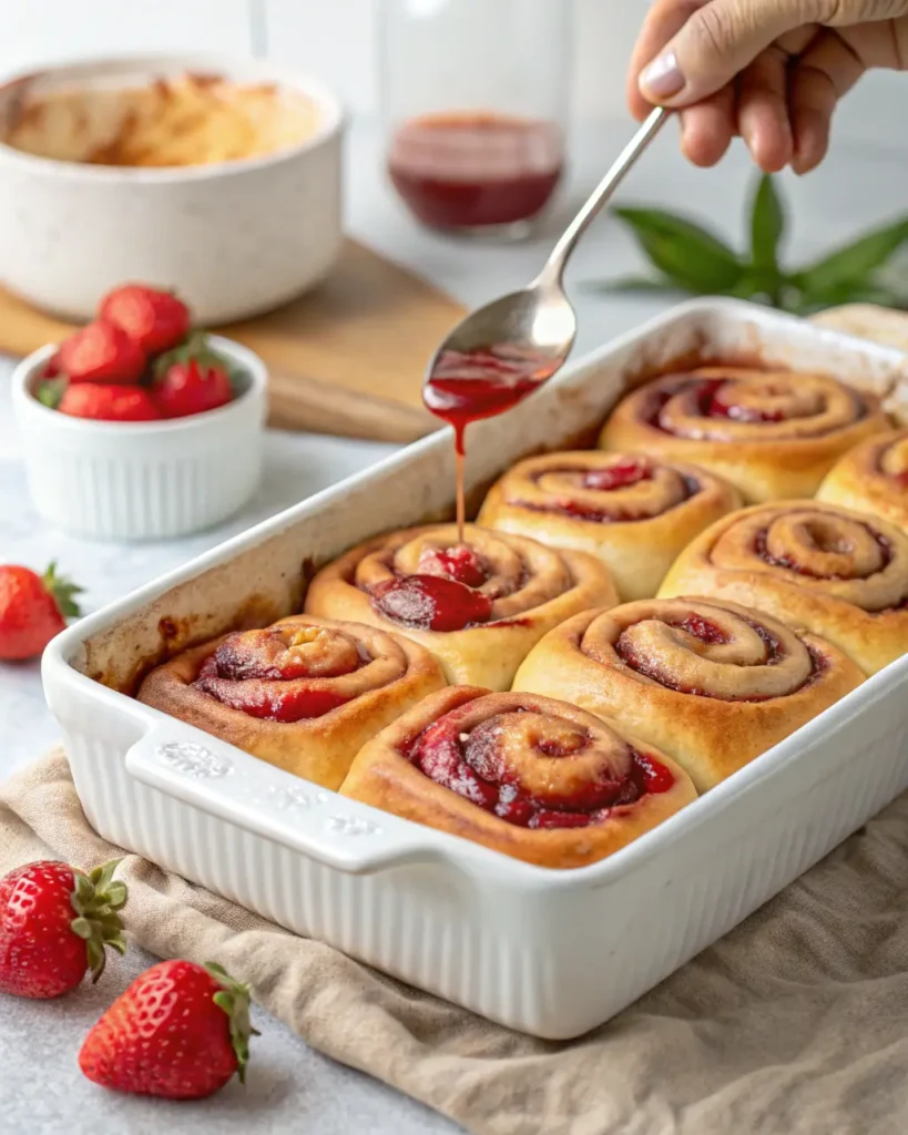 A hand drizzling strawberry sauce over freshly baked cinnamon rolls in a white baking dish.