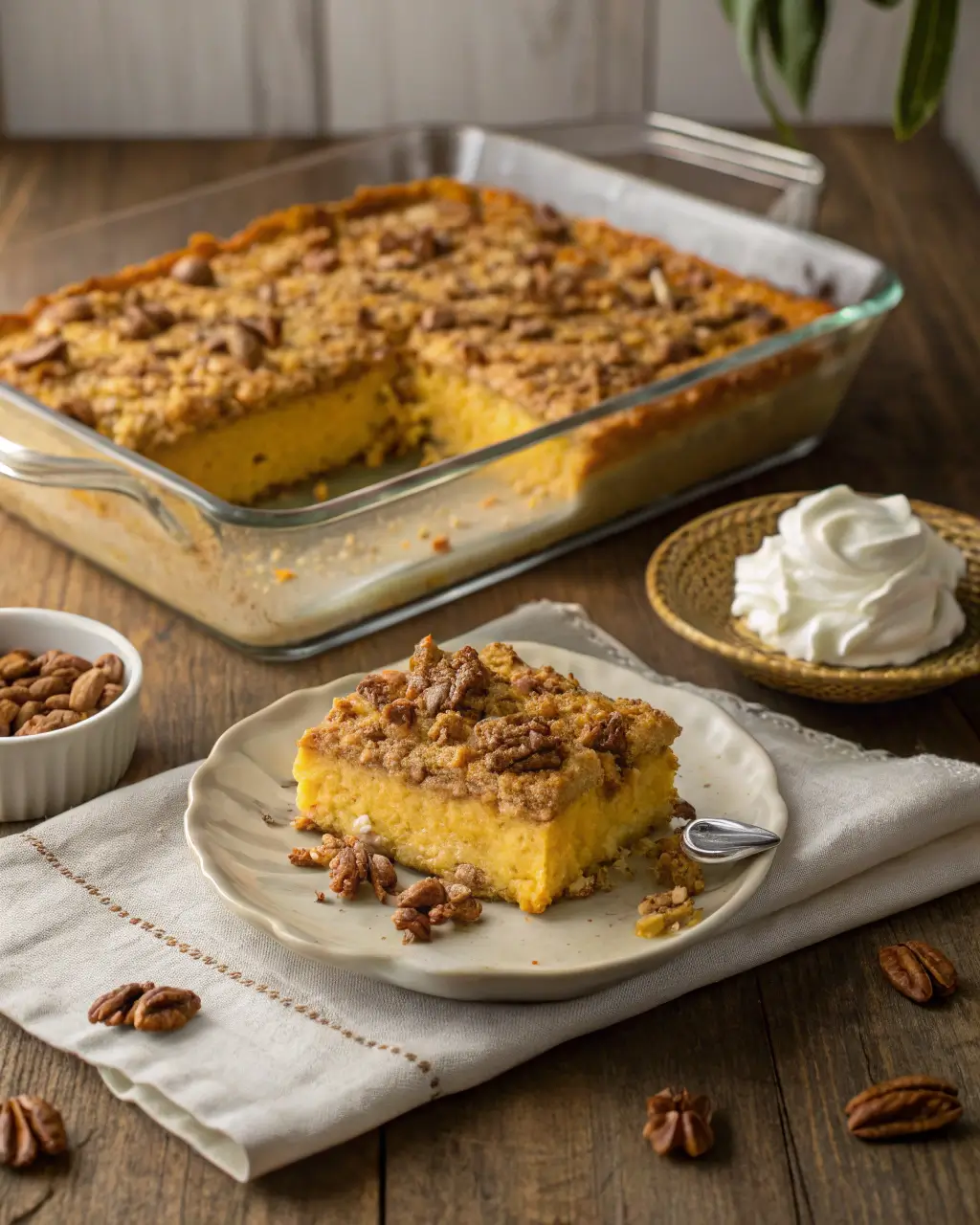 Slice of pumpkin crunch cake topped with pecans, served on a plate beside whipped cream.
