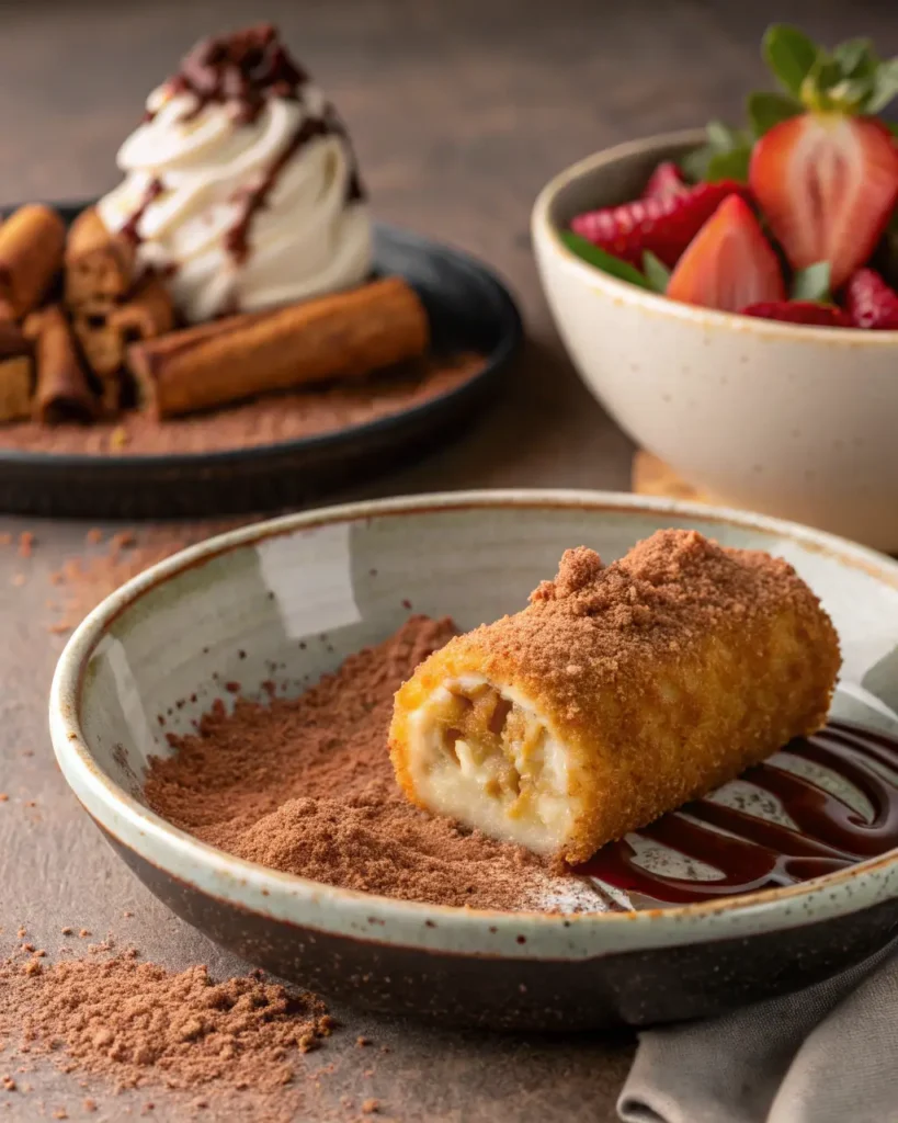 Xango dessert : un cheesecake frit, enrobé de sucre à la cannelle, nappé de chocolat et accompagné de fraises fraîches. Xango Cheesecake Chimichangas.