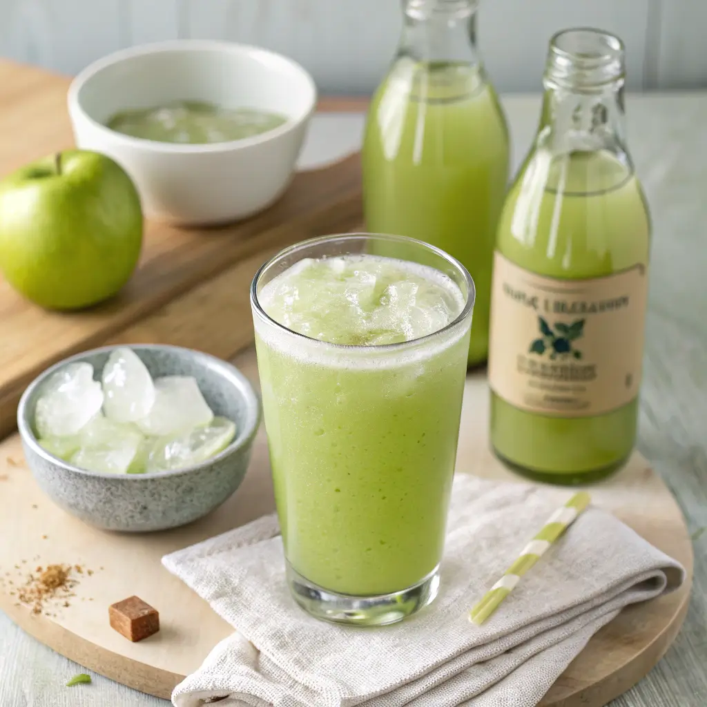 Icy green apple juice served in a glass with bottles and fresh ingredients nearby.