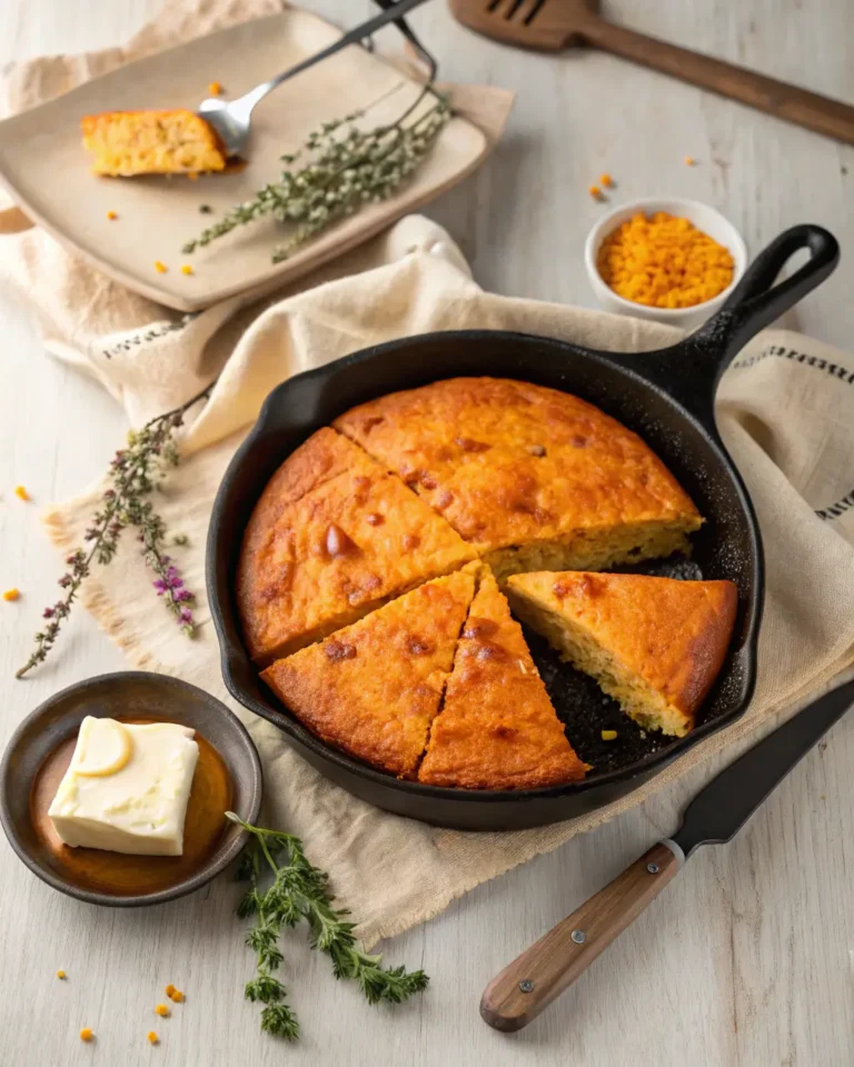 Golden sweet potato cornbread sliced in a cast iron skillet with butter on the side.