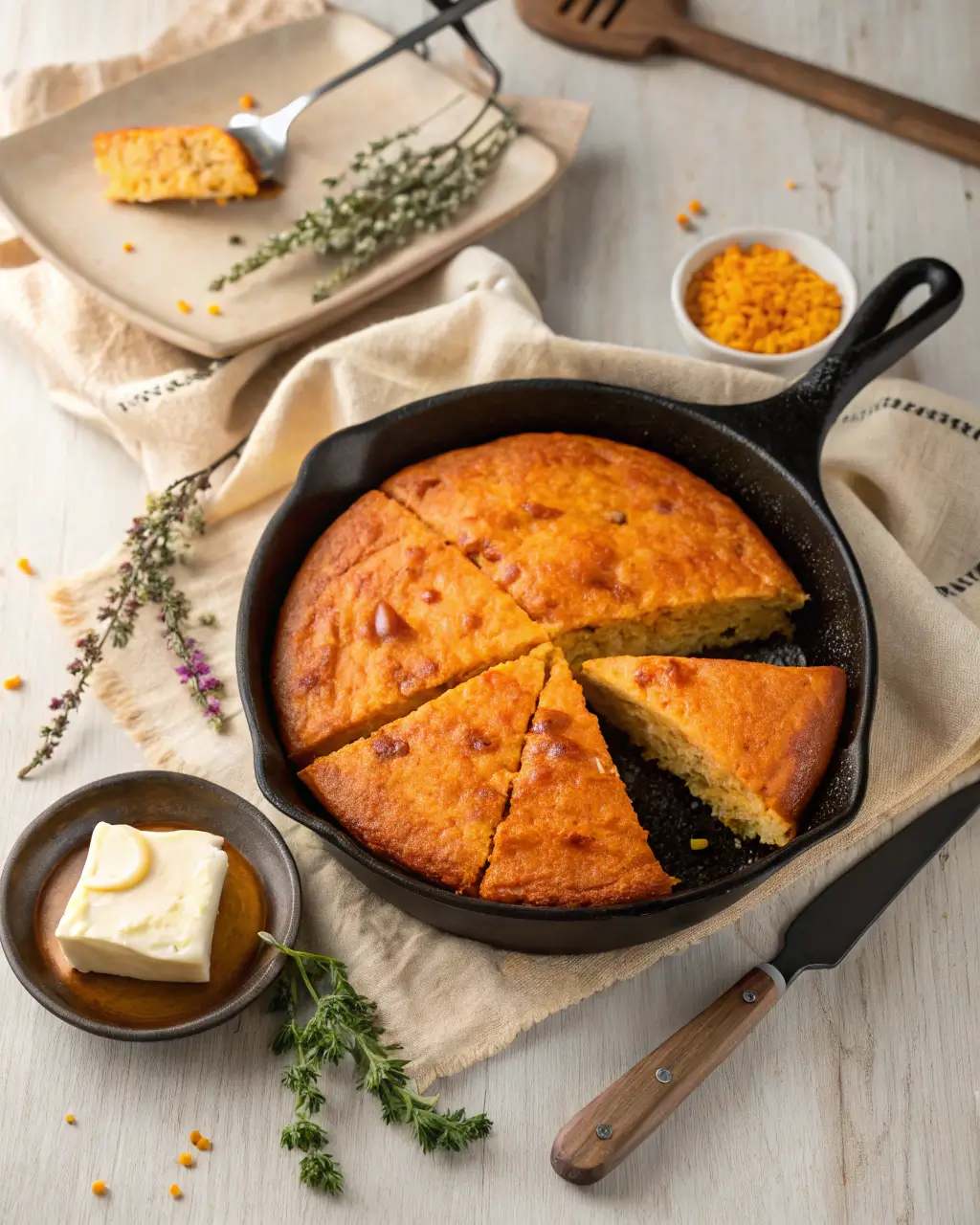 Golden sweet potato cornbread sliced in a cast iron skillet with butter on the side.