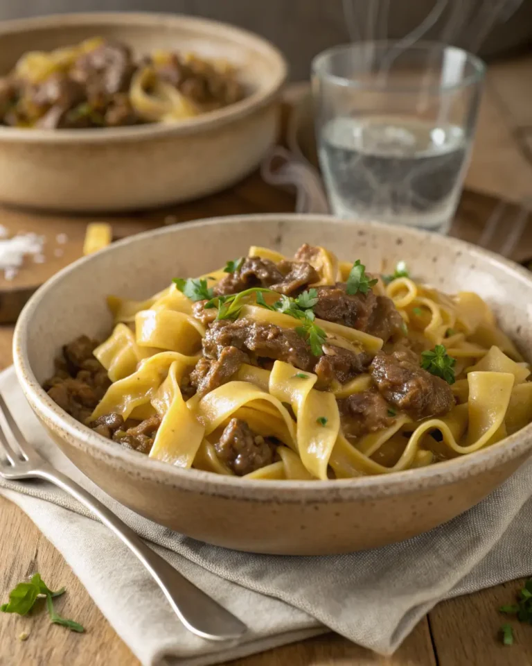 Alt Text: Bowl of wide egg noodles topped with beef in gravy, garnished with fresh parsley.
