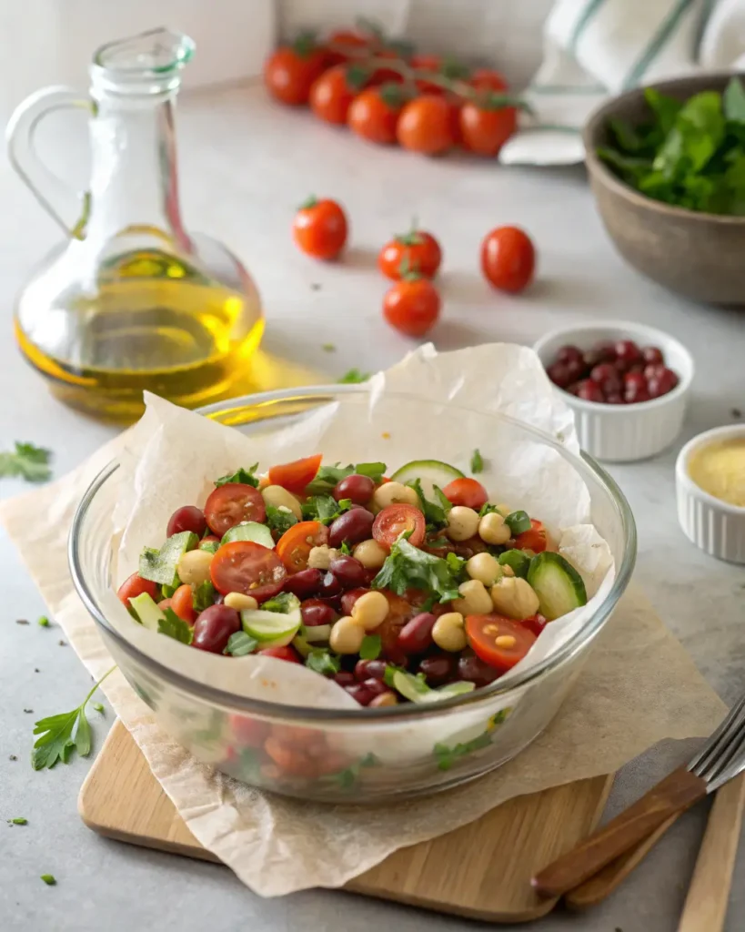 Glass bowl filled with Mediterranean bean salad, surrounded by fresh ingredients like tomatoes and olive oil.