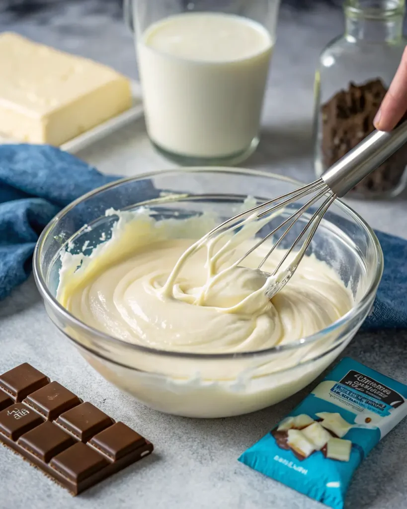 White chocolate pudding being whisked for 4th of July berry trifle recipe