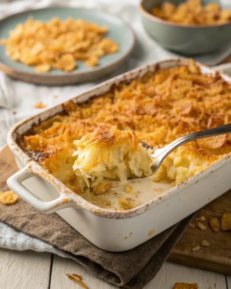 Golden cheesy funeral potatoes being scooped from a white casserole dish with a crispy topping.
