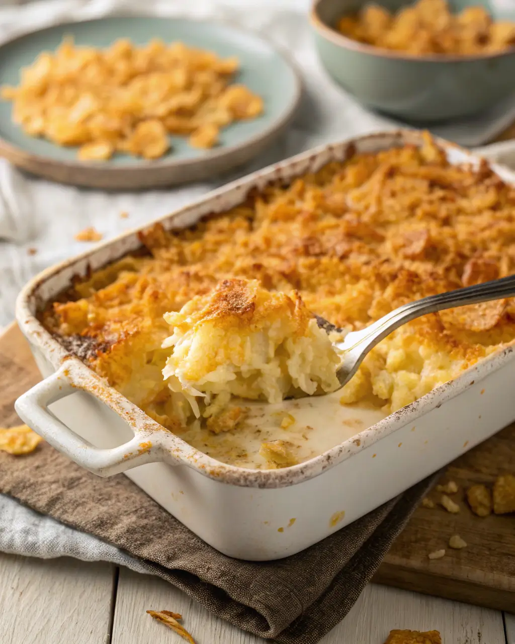 Golden cheesy funeral potatoes being scooped from a white casserole dish with a crispy topping.