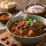 Steaming bowl of award-winning chili with beef, beans, and fresh cilantro