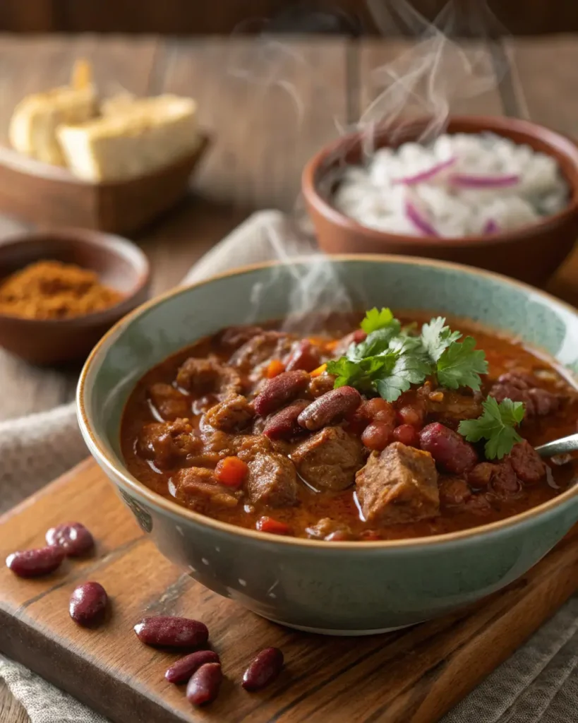 Steaming bowl of award-winning chili with beef, beans, and fresh cilantro