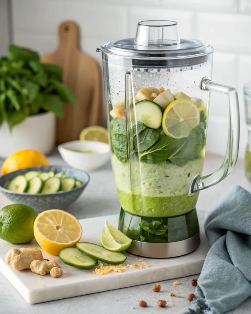 Blender filled with green apple juice ingredients like spinach, lemon, cucumber, and ginger.