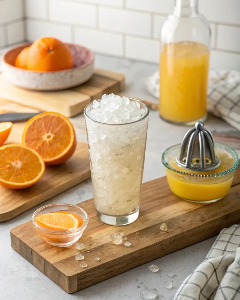 Crushed ice in a glass surrounded by oranges, fresh juice, and a citrus press.