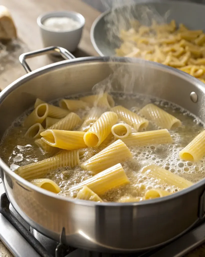 Rigatoni pasta boiling in a stainless steel pot on the stove.