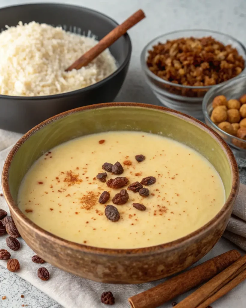 Creamy rice pudding topped with raisins and cinnamon, with bowls of cooked rice, raisins, and nuts in the background