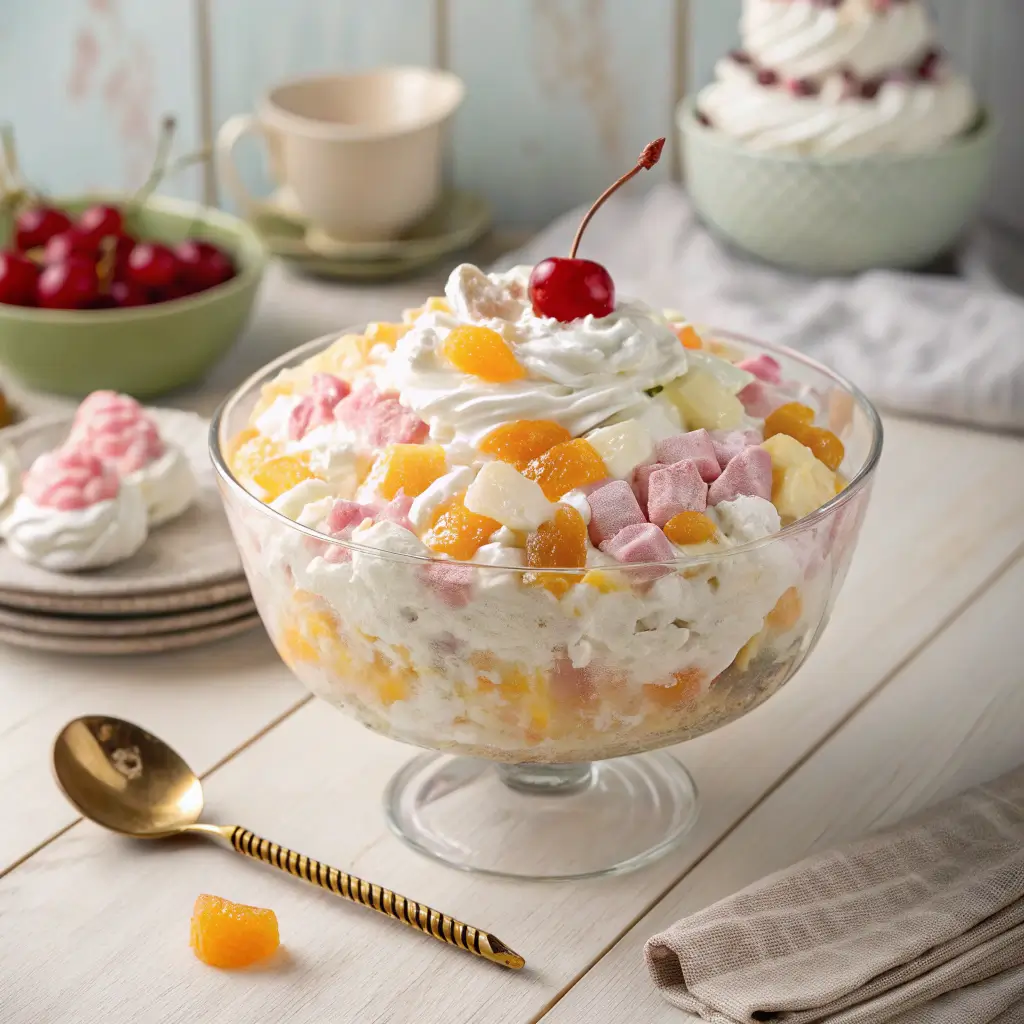 Colorful ambrosia salad with Cool Whip, fruit, and marshmallows topped with a cherry.