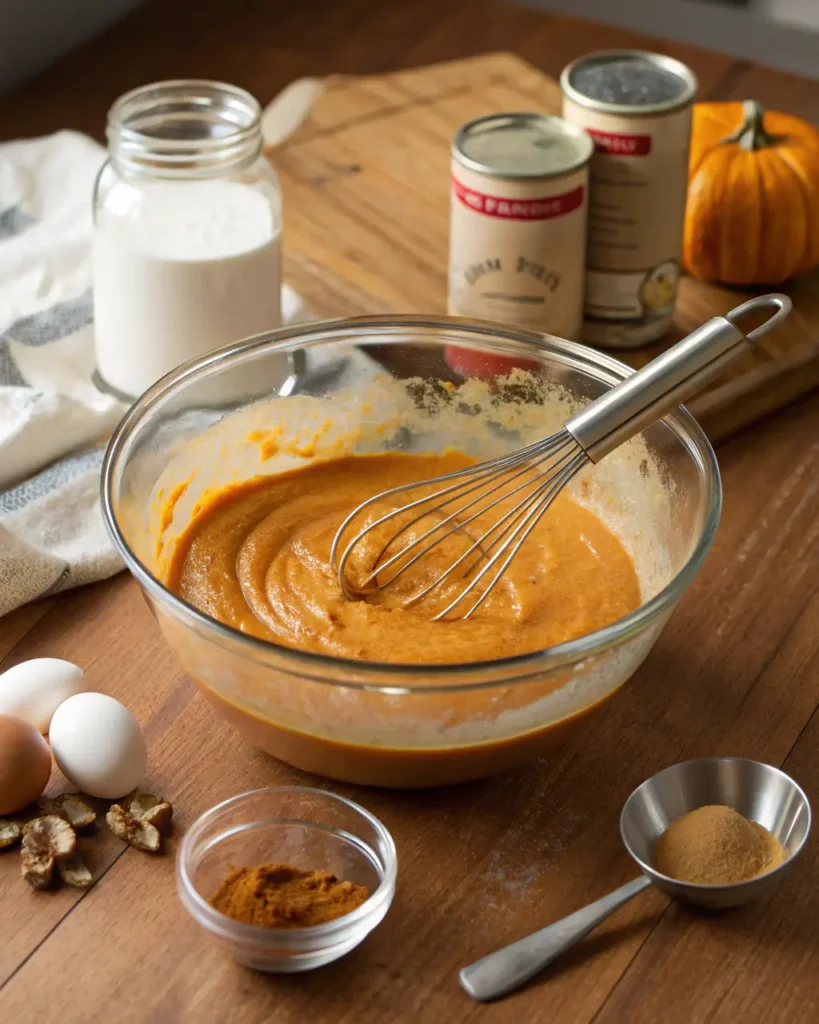 Pumpkin cake batter being whisked in a glass bowl surrounded by baking ingredients.