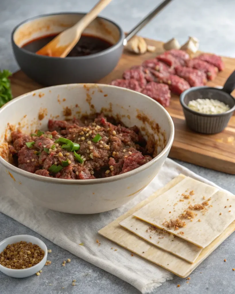 Bowl of marinated ground venison with spices and seasoning ingredients on kitchen countertop