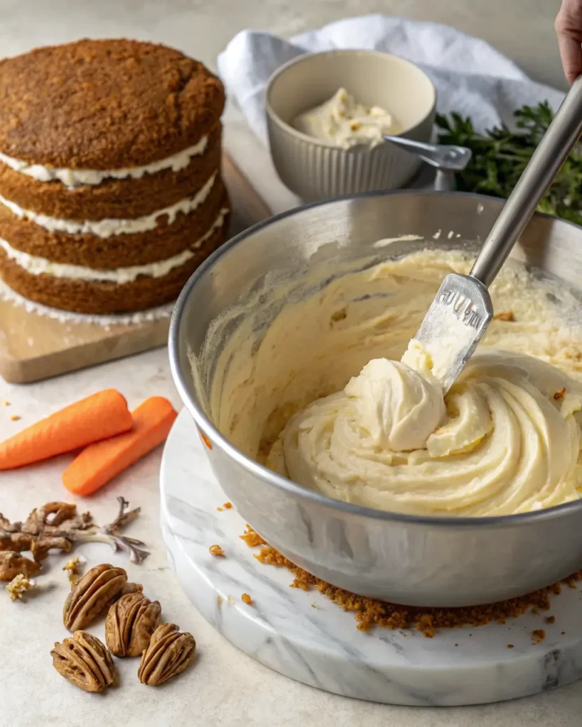 Finished three-layer carrot cake with cream cheese frosting, chopped nuts, and carrot decoration
Carrot Cake Recipe.