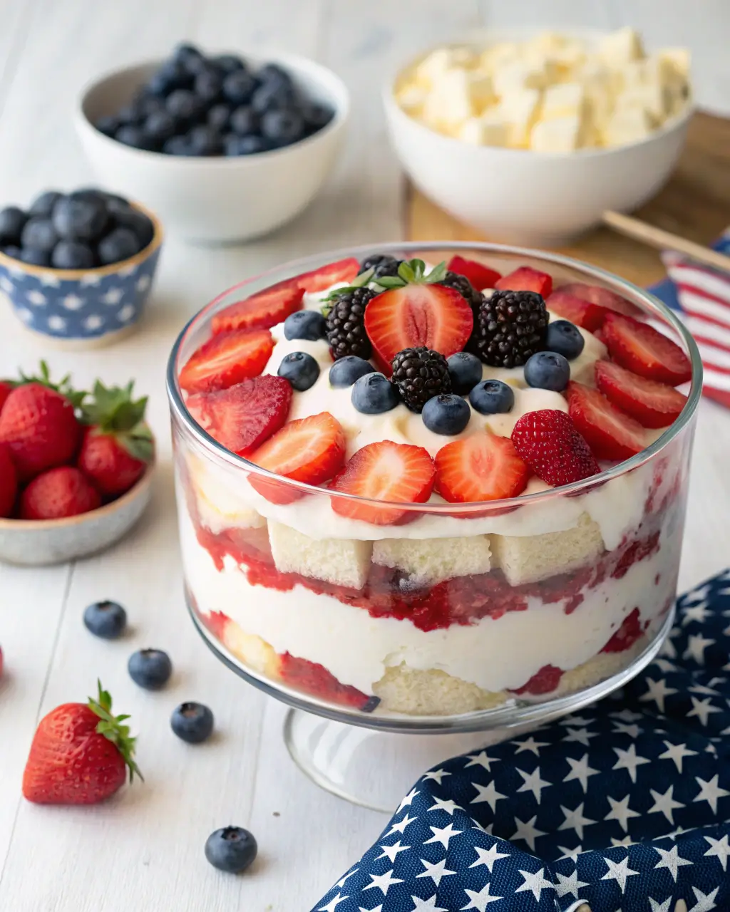 Layered patriotic trifle with berries and whipped topping for 4th of July celebration