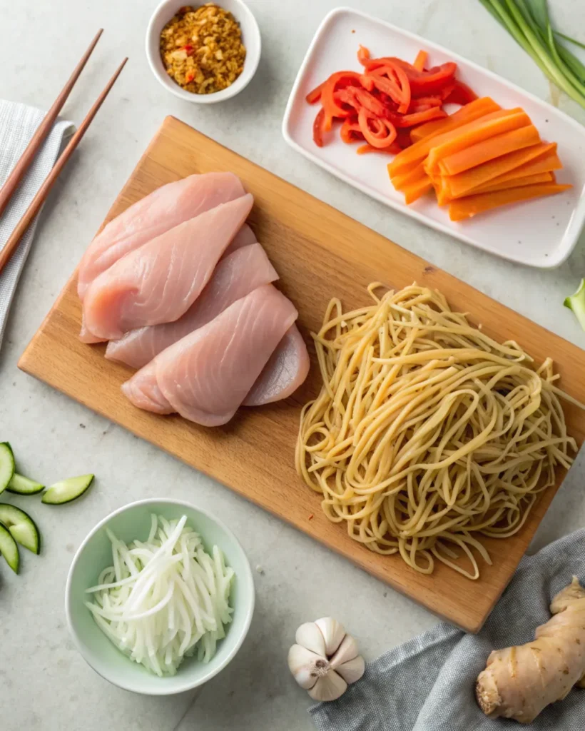 Raw chicken, noodles, and chopped vegetables for Chicken Chow Mein prep