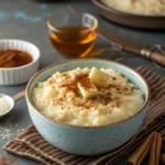 Creamy Irish rice pudding in a blue speckled bowl, topped with melting butter and cinnamon, with whiskey and cinnamon sticks in the background.