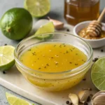 Honey lime dressing in a glass bowl surrounded by fresh lime wedges, garlic cloves, black peppercorns, and honey jar.