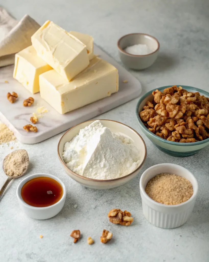 Cream cheese frosting ingredients with butter, sugar, and walnuts