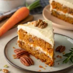 Slice of moist carrot cake with cream cheese frosting and pecans on a plate