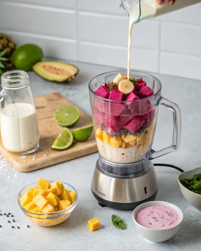 Milk being poured into a blender filled with dragon fruit, banana, and mango chunks.