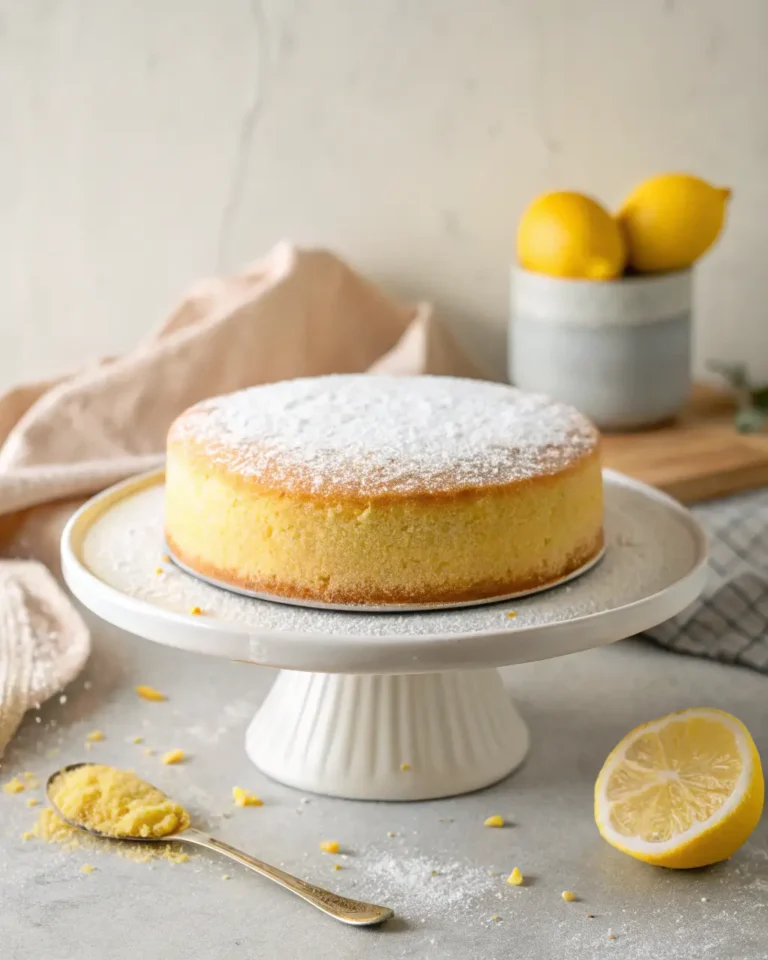 Golden lemon cloud cake topped with powdered sugar on a white cake stand.