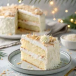 Slice of Coconut Cloud Cake topped with toasted coconut and cream swirl.