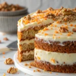 Two-layer carrot cake with cream cheese frosting, topped with grated carrot and walnuts on a white plate.