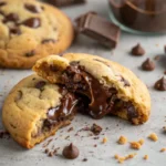 Broken chocolate chip cookie with melted chocolate oozing out, surrounded by chocolate chunks and chips