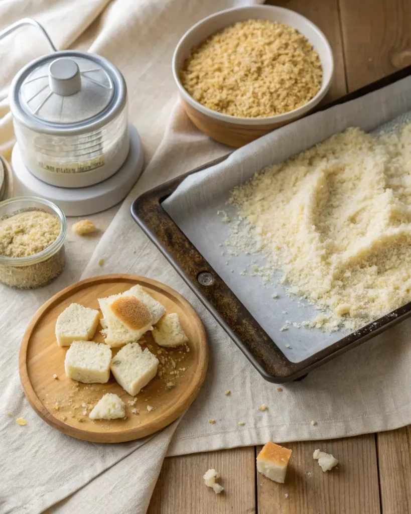 Chunks of bread and fresh breadcrumbs on a tray, with a food processor and mixing bowls.
