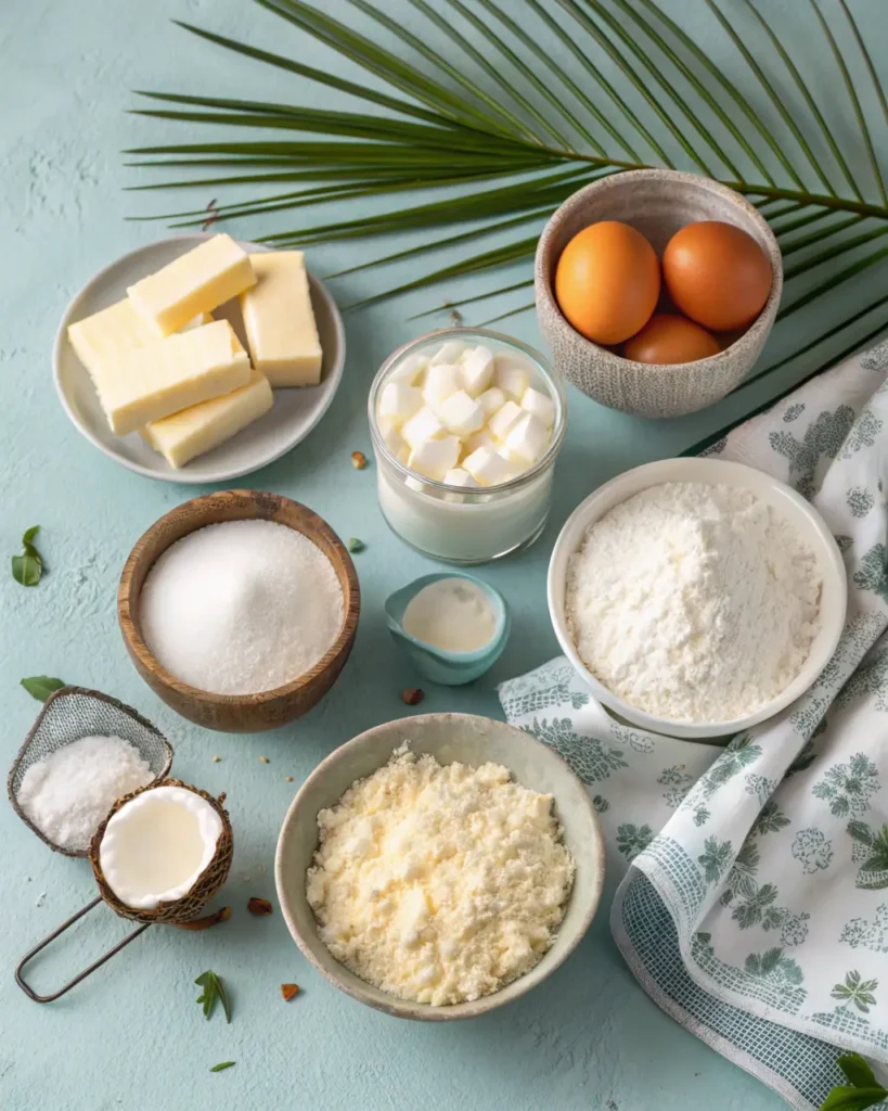 Coconut Cloud Cake ingredients including flour, eggs, butter, coconut milk, and shredded coconut.