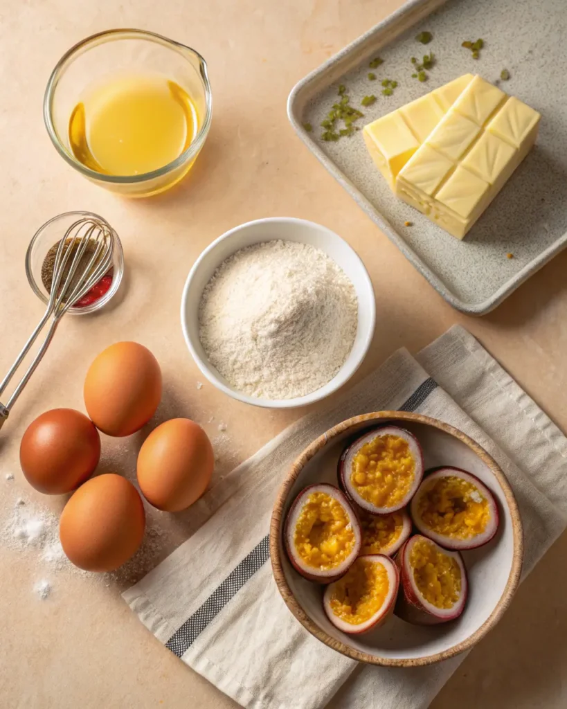 Flat lay of passion fruit bar ingredients including eggs, flour, purée, and white chocolate.
