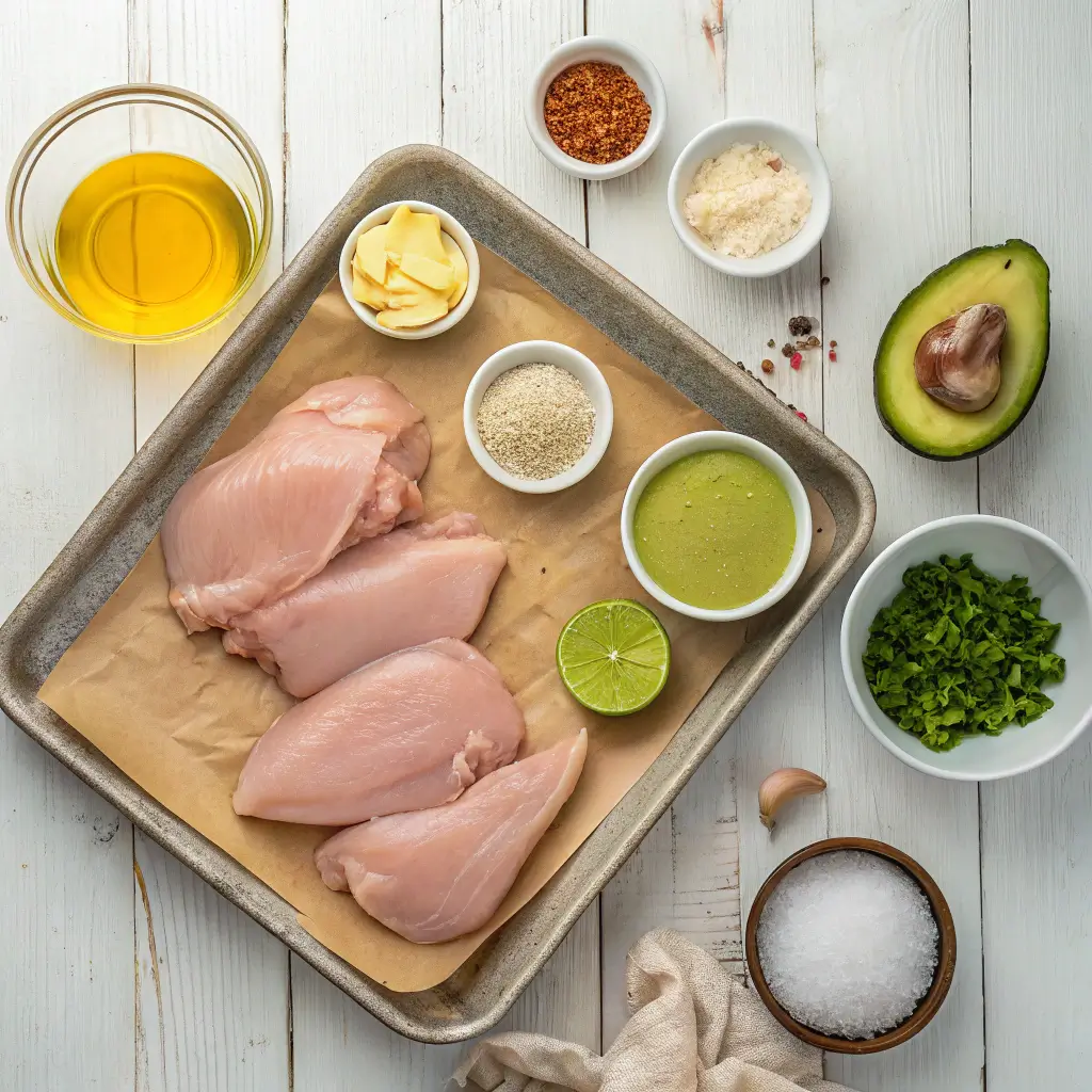 Raw chicken breasts with seasonings and fresh ingredients on a tray and table.