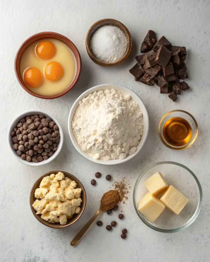 Ingredients for soft chocolate chip cookies including eggs, flour, butter, sugar, and chocolate chips