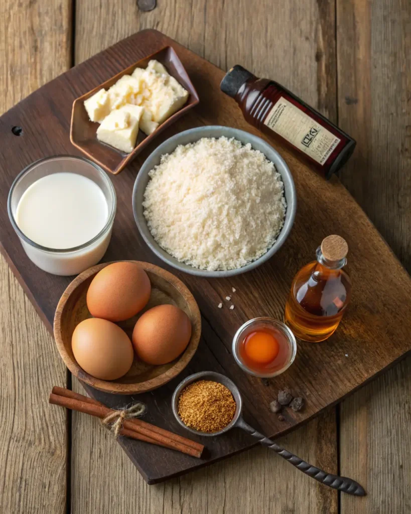 Ingredients for Irish rice pudding on a wooden board including eggs, milk, butter, sugar, vanilla extract, cinnamon sticks, and rice.