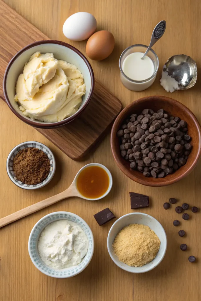 Gluten free chocolate chip cookie ingredients including butter, eggs, brown sugar, chocolate chips, and gluten free flour.