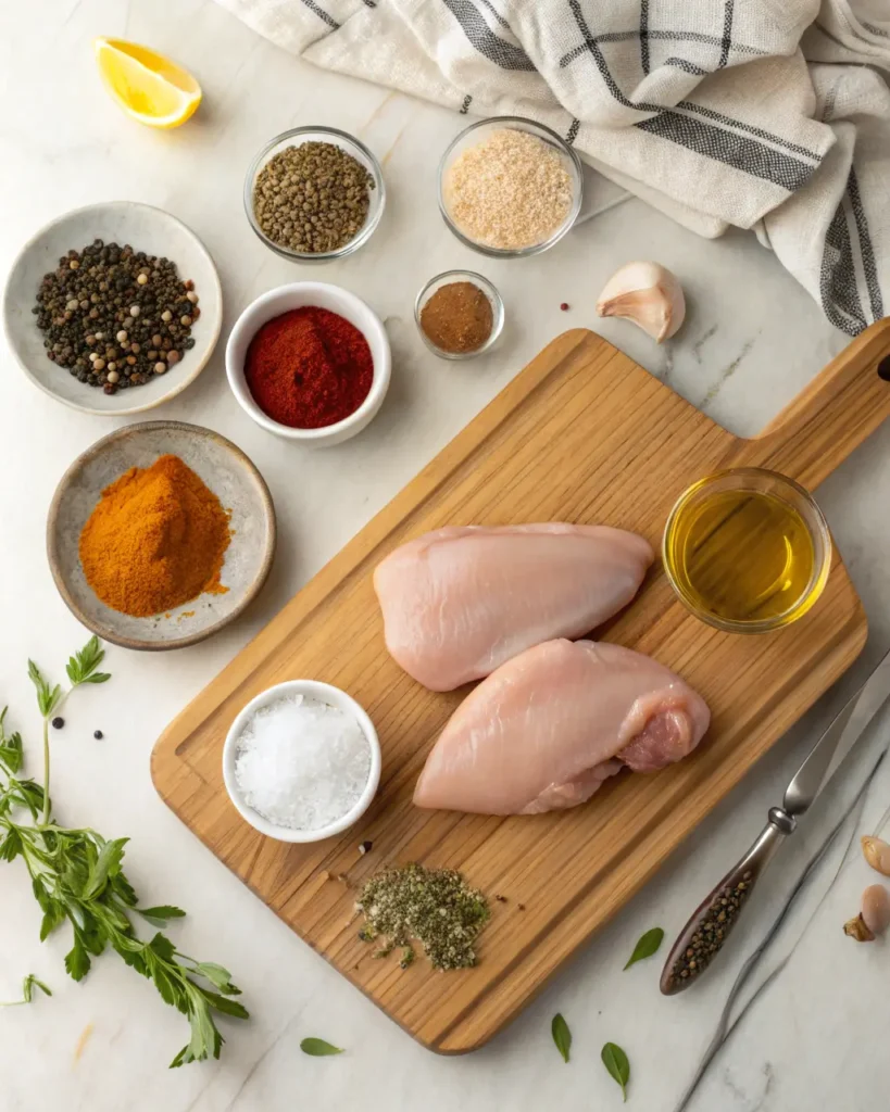 Alt Text:
Raw chicken breasts with herbs, spices, and oil arranged neatly on a cutting board.
