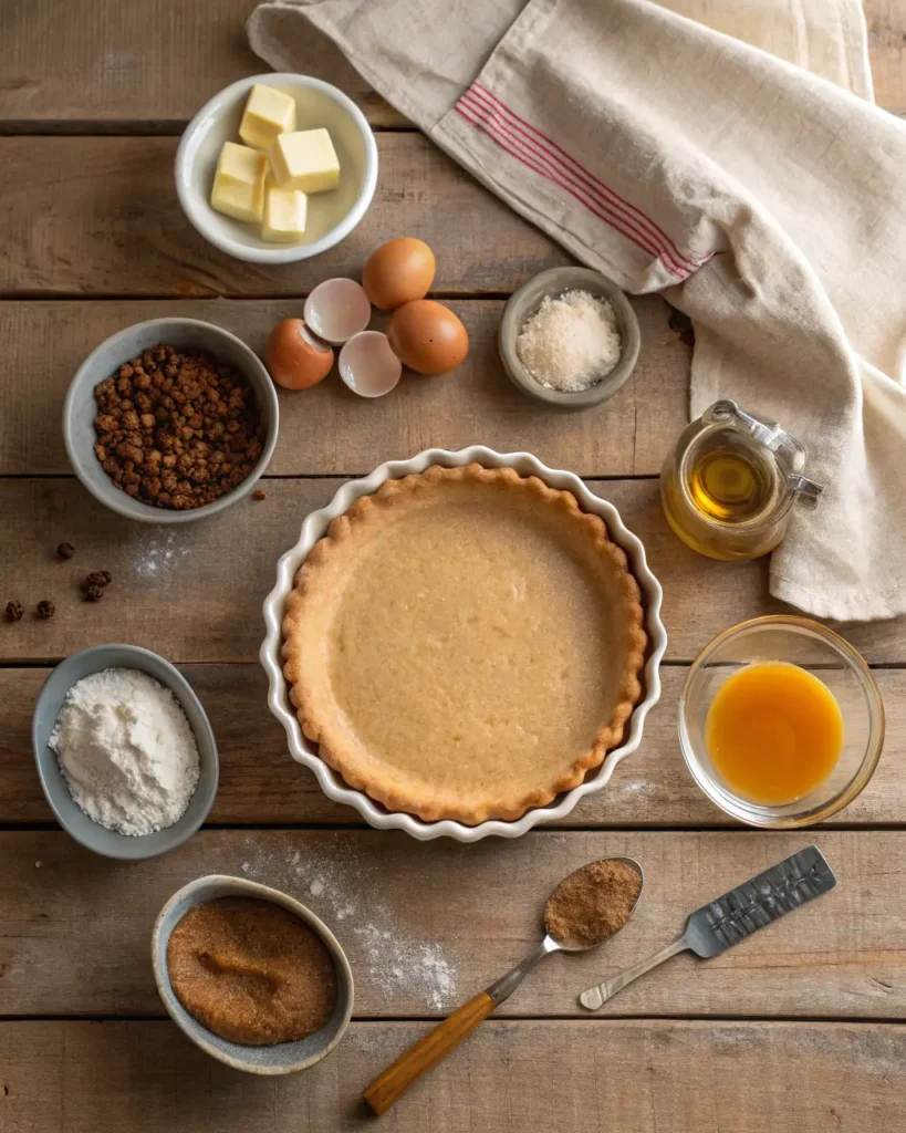 Unbaked sugar pie surrounded by fresh ingredients on a rustic wooden table.