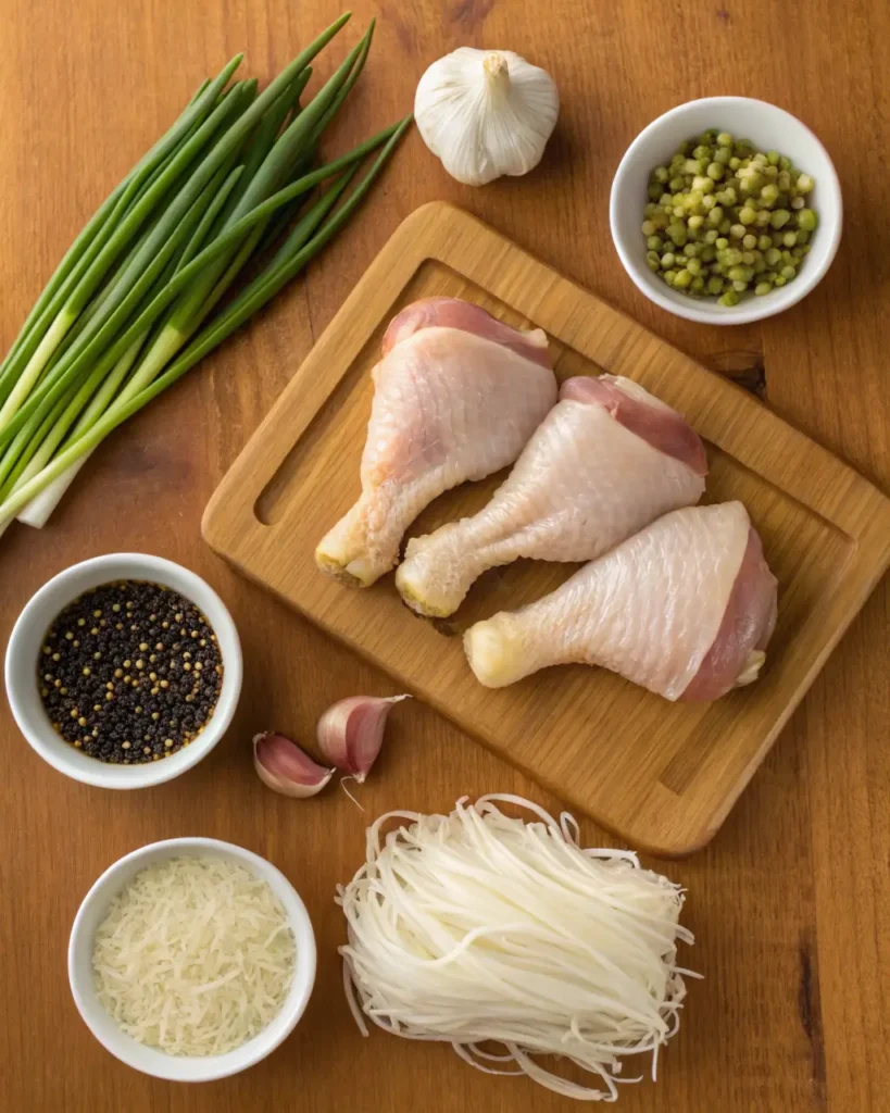 Raw ingredients for chicken long rice, including drumsticks, noodles, garlic, and green onions.