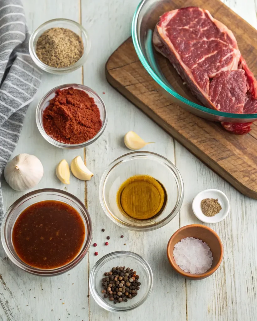 Raw steak and marinade ingredients arranged neatly on a light wooden surface.