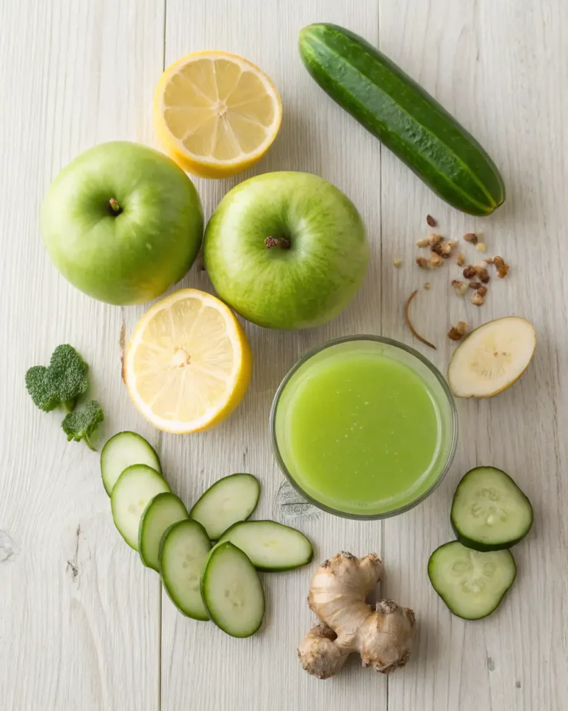Flat lay of green apple juice with fresh ingredients like lemon, cucumber, and ginger.