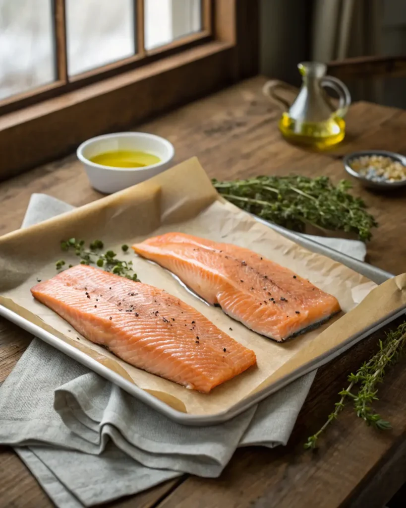 Two raw steelhead trout fillets on a baking tray, seasoned and ready for the oven.