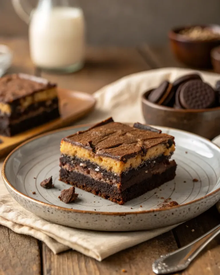 A close-up of a sliced slutty brownie showing distinct cookie, Oreo, and brownie layers.