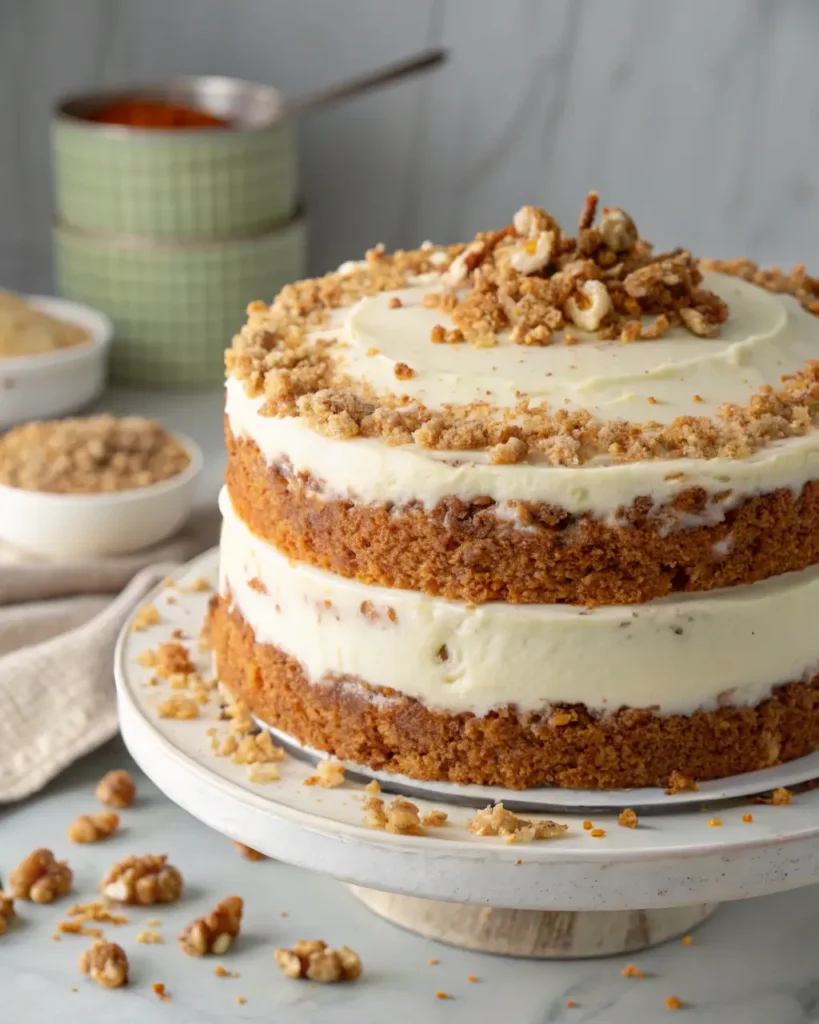 Two-layer carrot cake with cream cheese frosting and a crumb topping, garnished with walnuts, beautifully presented on a white cake stand the BEST carrot cake recipe.