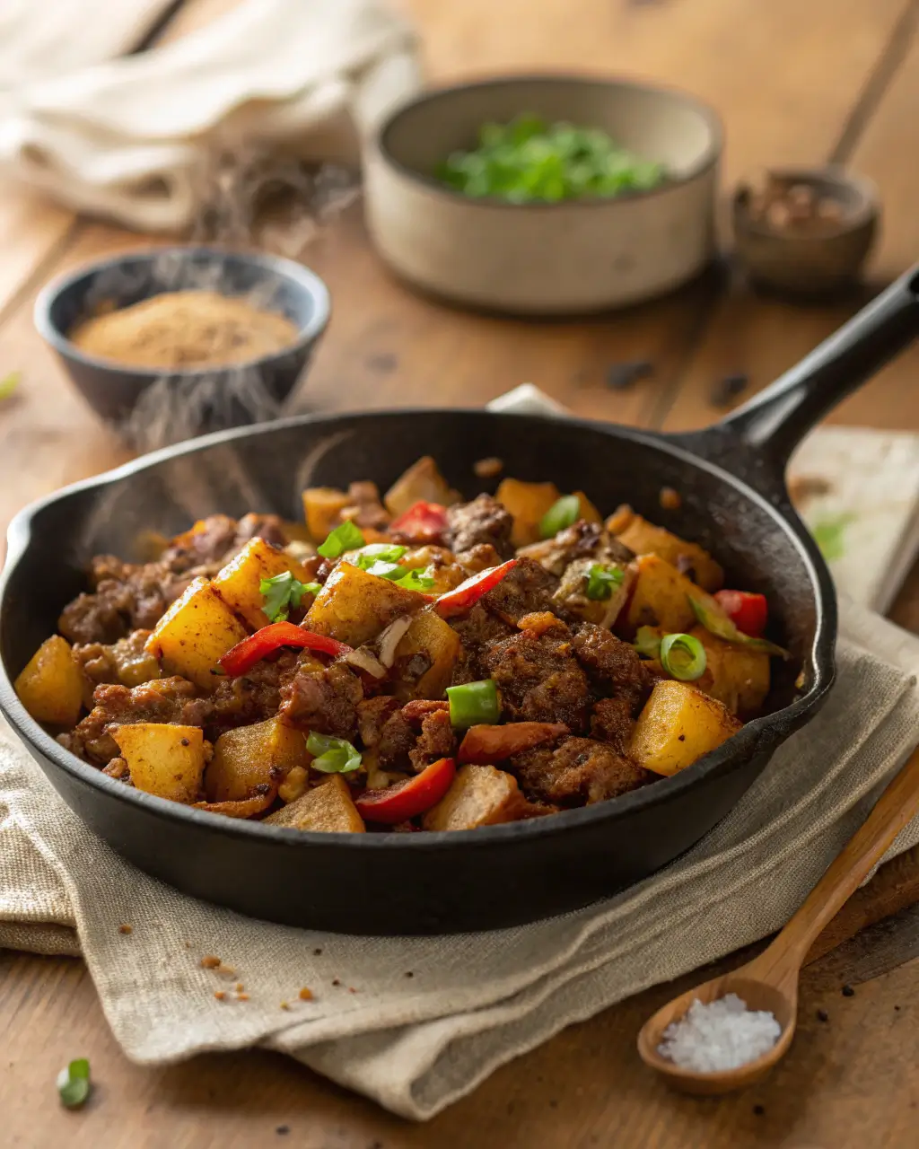 Skillet filled with browned ground beef, golden potatoes, and sliced red peppers.